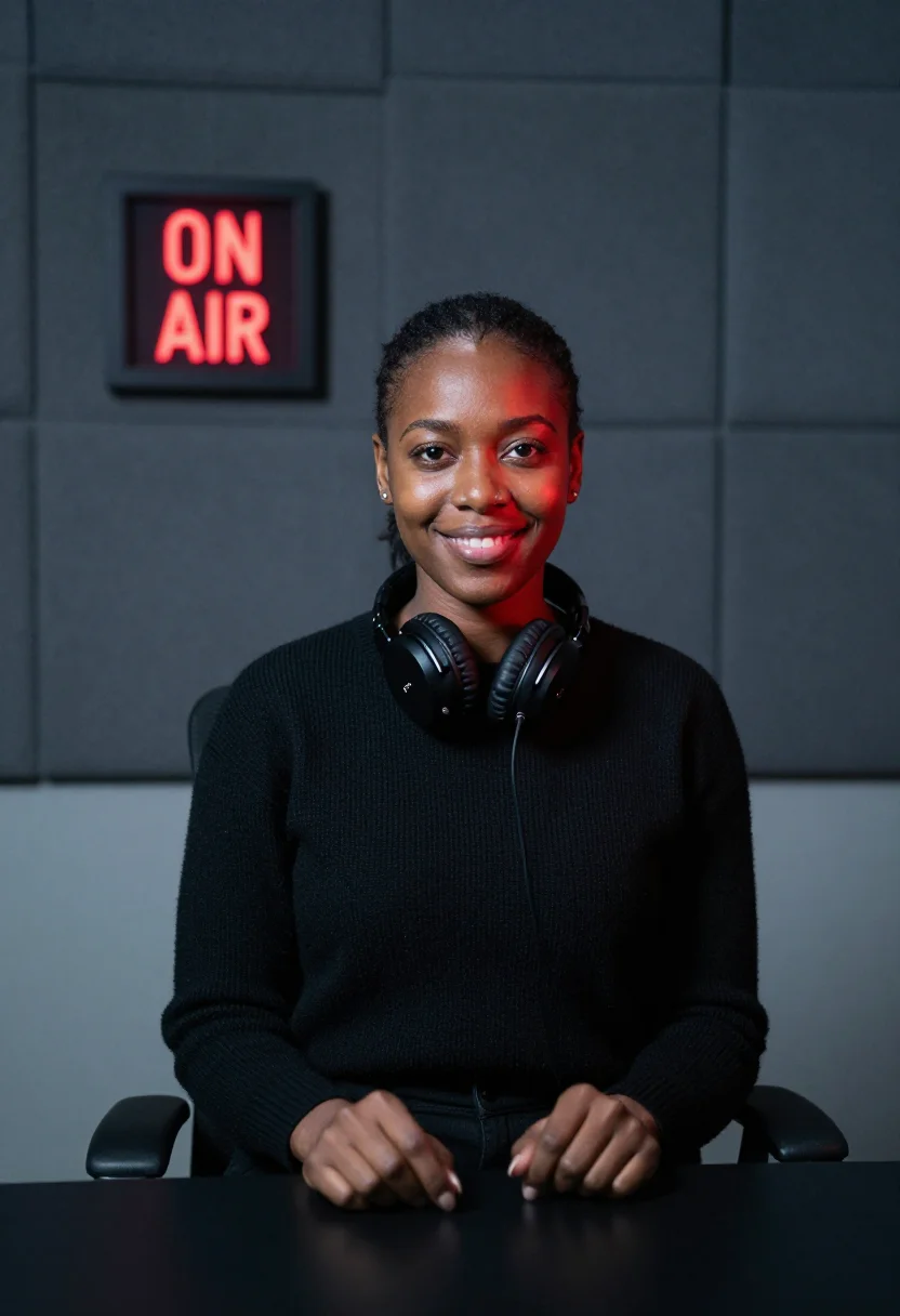 AI on air radio studio red light sample — portrait of a woman, framed chest-up, the crop falling at mi