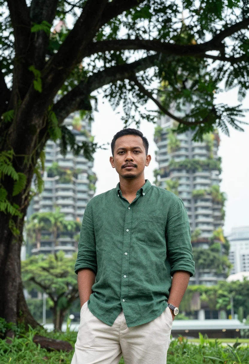 AI one north data tropical green sample — portrait of a data engineer, half-length portrait of a Malay