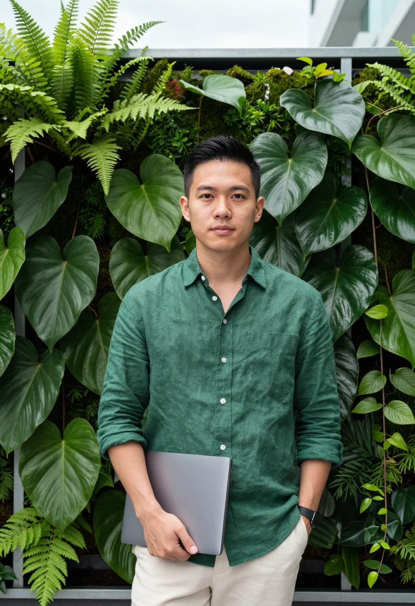 AI one north data tropical green sample — portrait of a data engineer, half-length portrait of a Singa