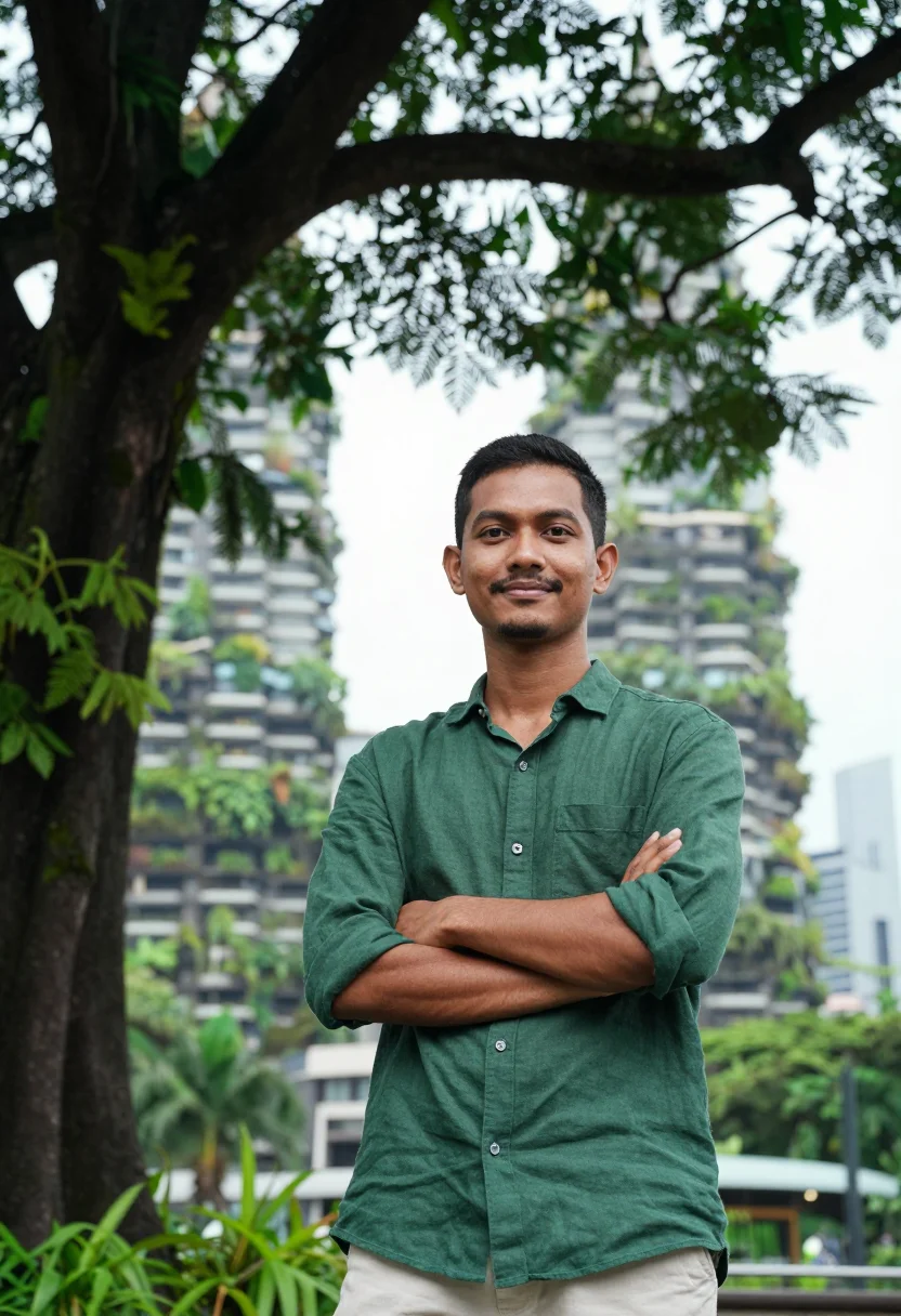 AI one north data tropical green sample — portrait of a data engineer, chest-up portrait of a Malay ma