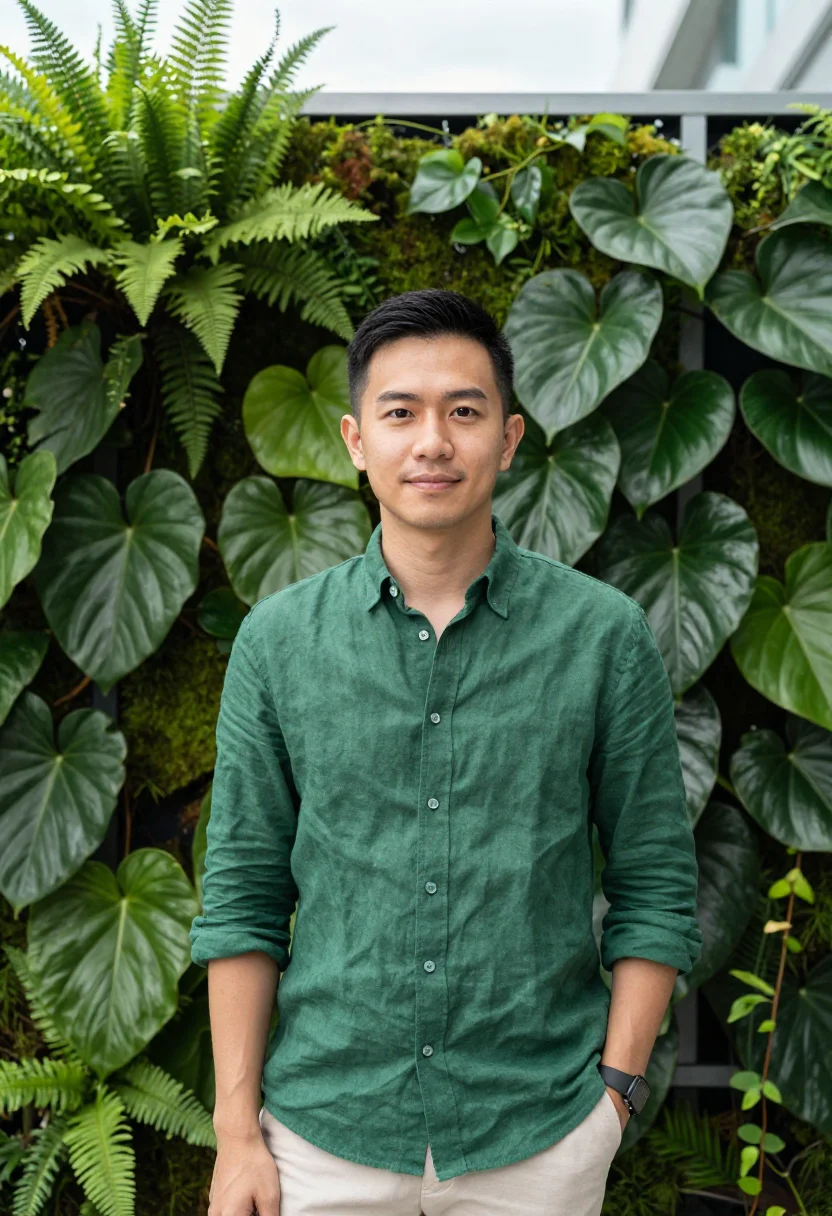 AI one north data tropical green sample — portrait of a data engineer, chest-up portrait of a Singapor