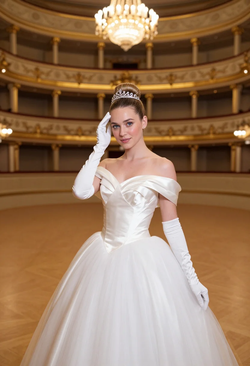 AI opernball debutante white sample — portrait of a woman, framed chest-up from the ribs with the