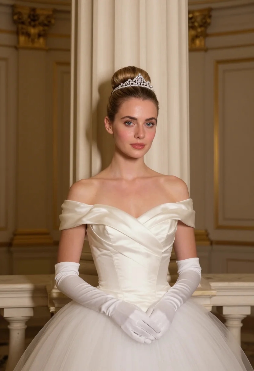 AI opernball debutante white sample — portrait of a woman, framed tight, head and shoulders, the b