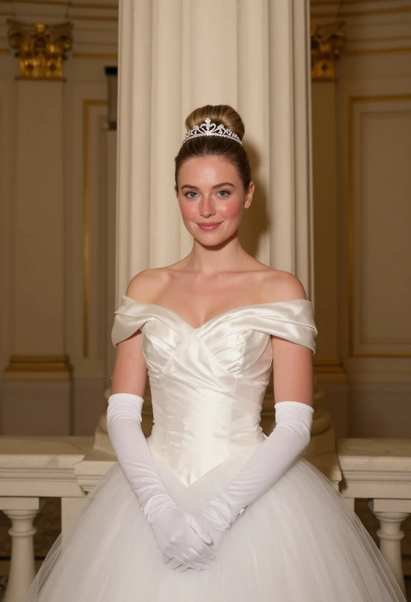 AI opernball debutante white sample — portrait of a woman, framed chest-up from the ribs with the
