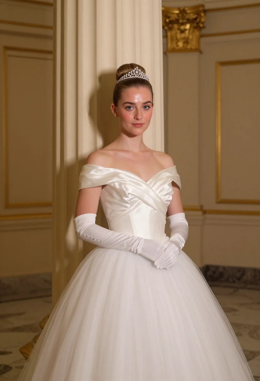 AI opernball debutante white sample — portrait of a woman, framed three-quarter length from mid-th