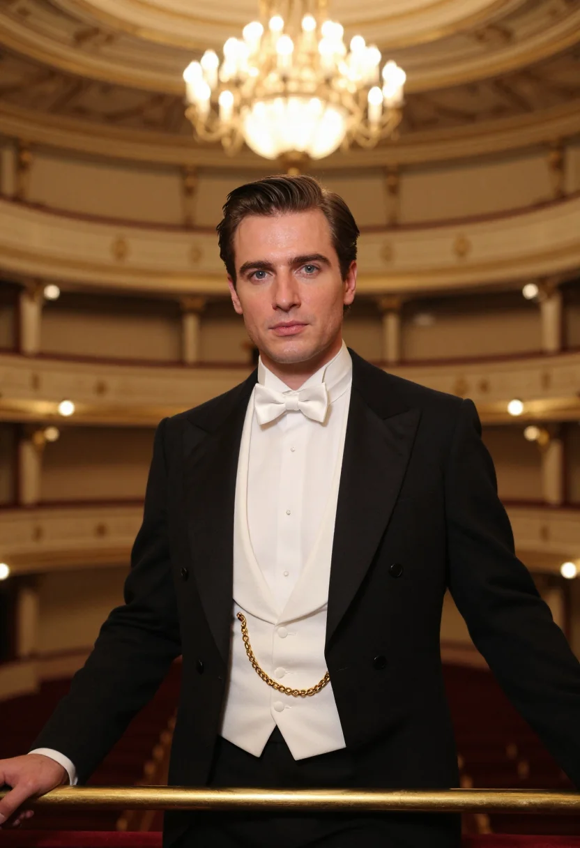 AI opernball white tie gold sample — portrait of a man, framed chest-up from the ribs with the bo