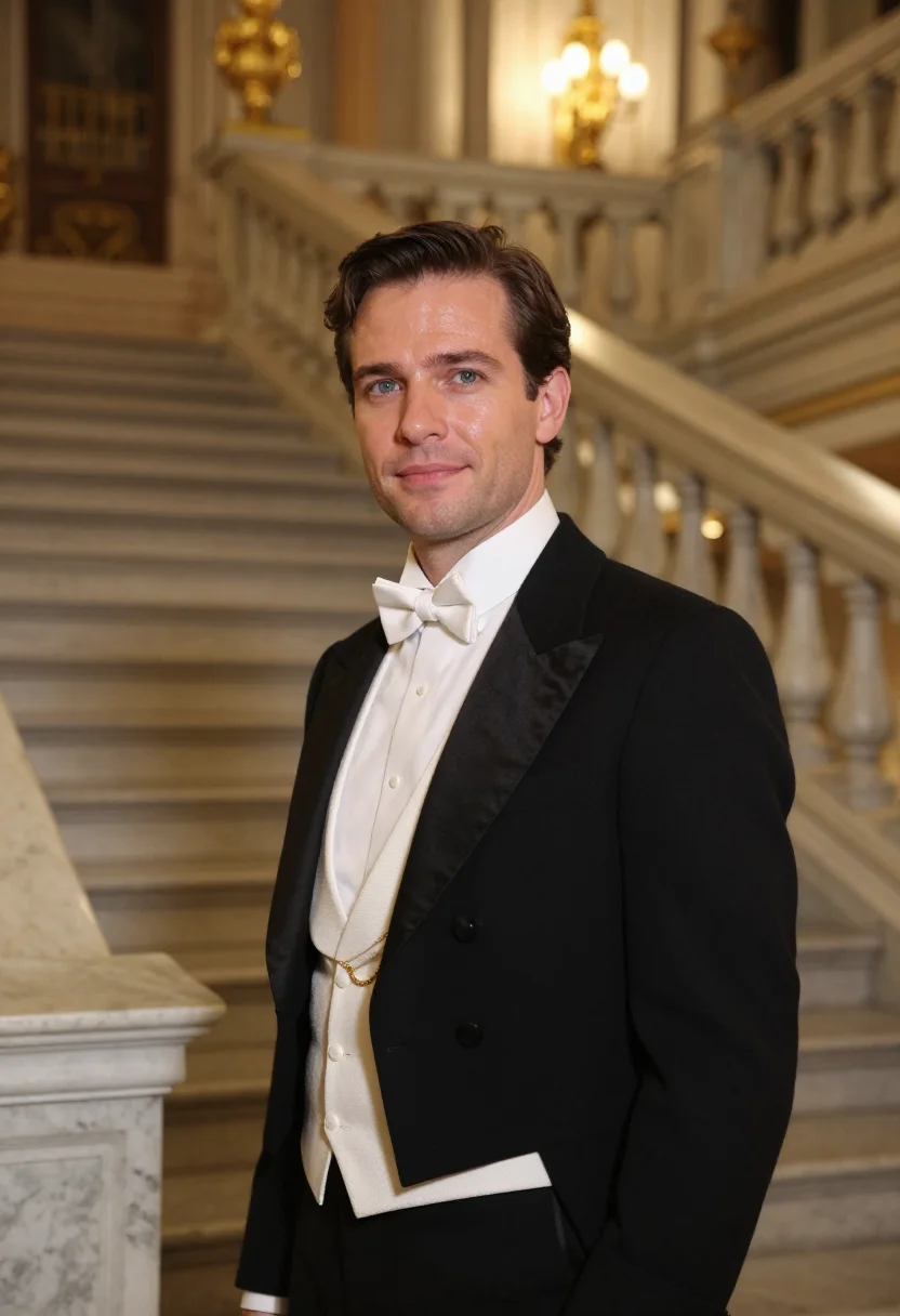 AI opernball white tie gold sample — portrait of a man, framed tight, head and shoulders, the bod