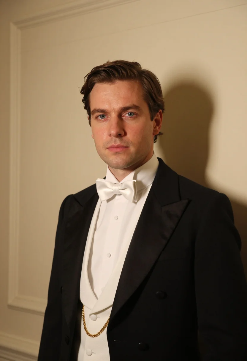 AI opernball white tie gold sample — portrait of a man, framed tight, head and shoulders, the bod