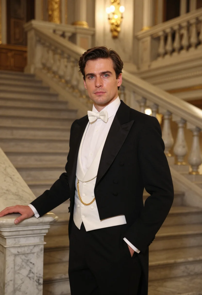 AI opernball white tie gold sample — portrait of a man, framed half-length from the waist up with