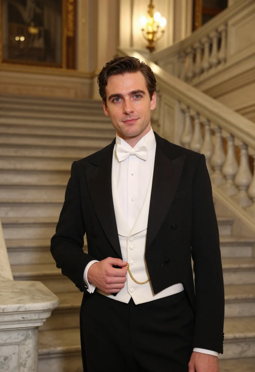 AI opernball white tie gold sample — portrait of a man, framed chest-up from the ribs with the bo