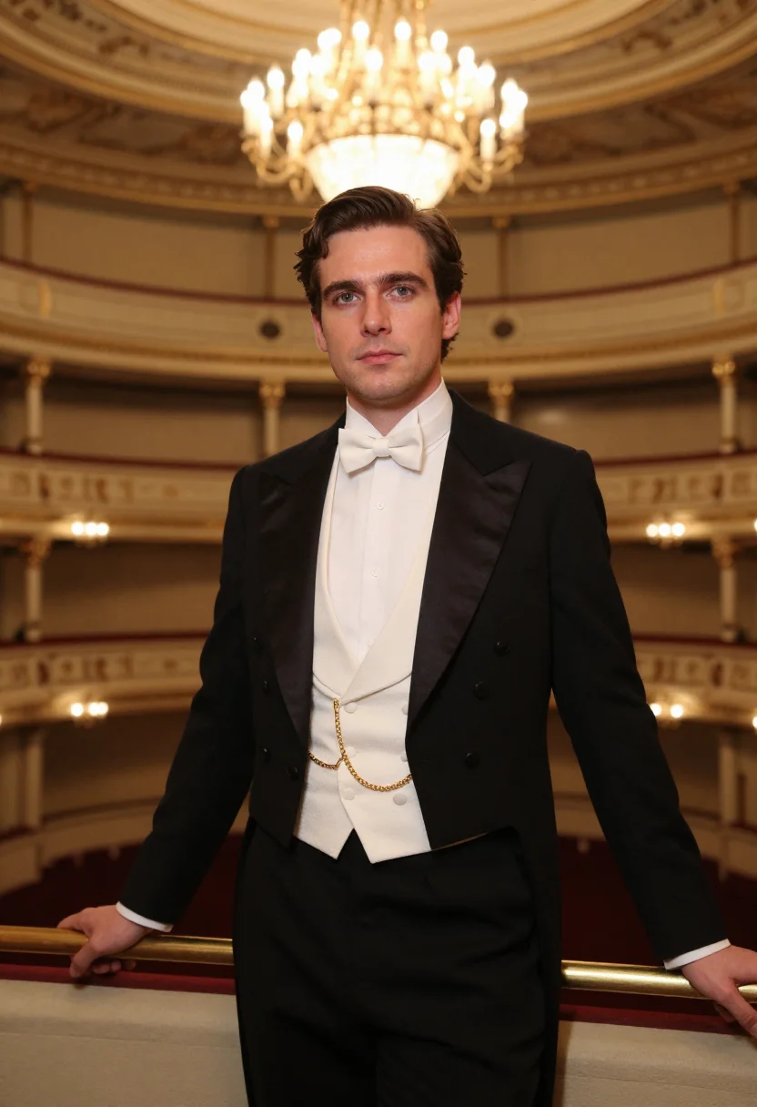 AI opernball white tie gold sample — portrait of a man, framed half-length from the waist up with