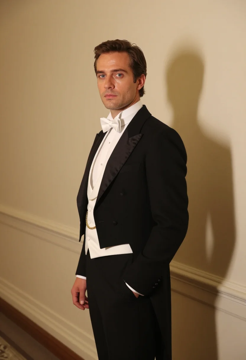 AI opernball white tie gold sample — portrait of a man, framed three-quarter length from mid-thig