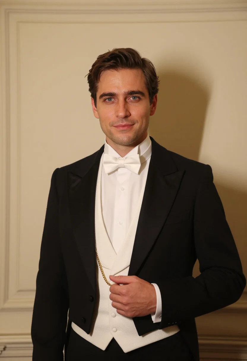 AI opernball white tie gold sample — portrait of a man, framed chest-up from the ribs with the bo