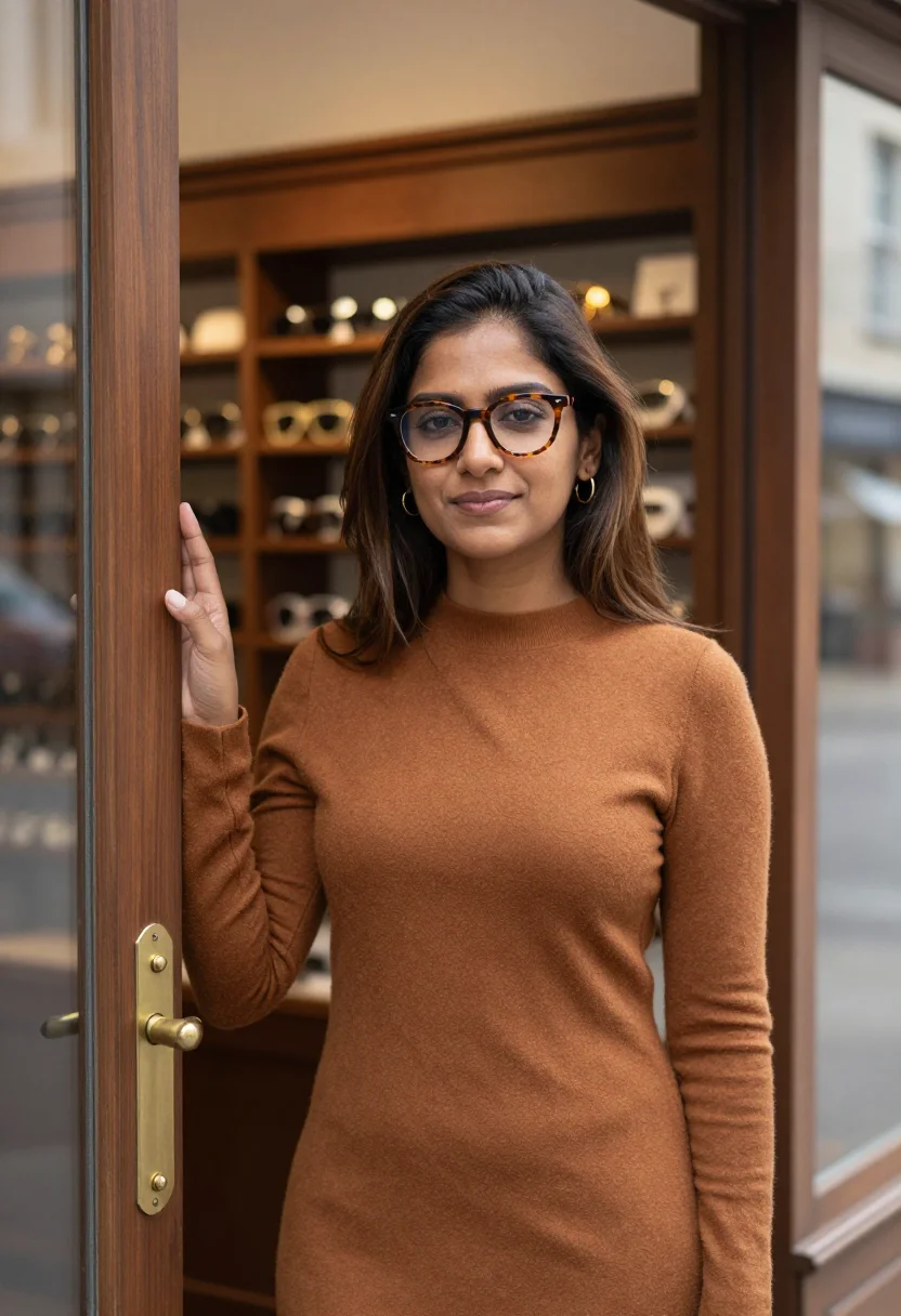 AI optician tortoiseshell tobacco sample — portrait of a woman, framed chest-up, cropped at the ribs, t
