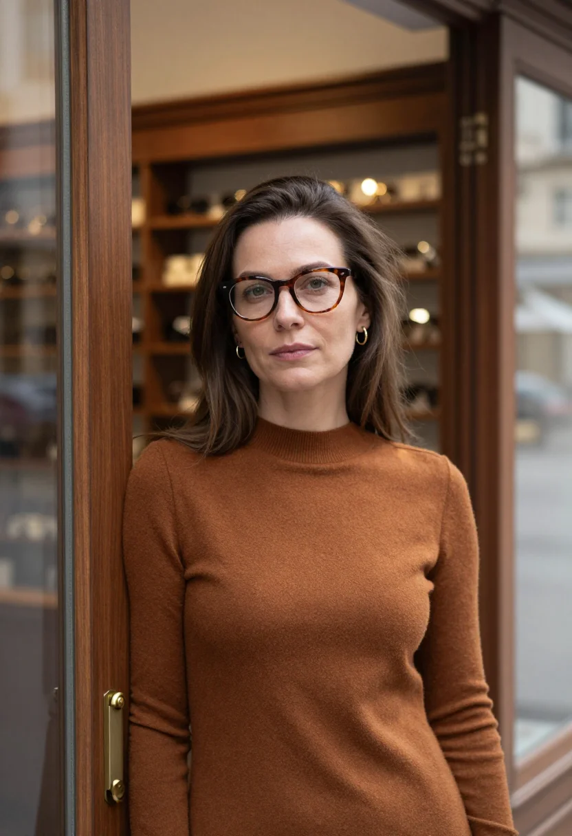 AI optician tortoiseshell tobacco sample — portrait of a woman, framed tight, head and shoulders, the b