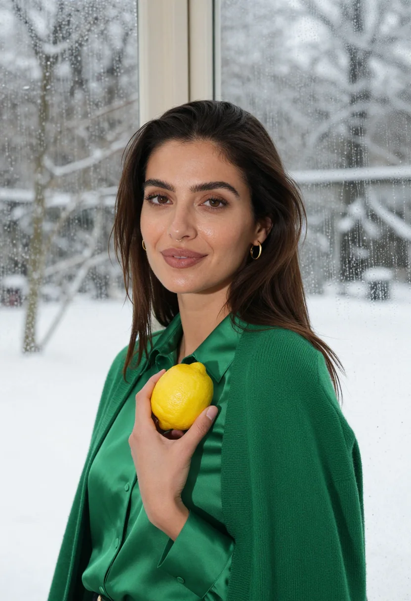 AI orangery winter green sample — portrait of a woman, framed chest-up from the ribs with the