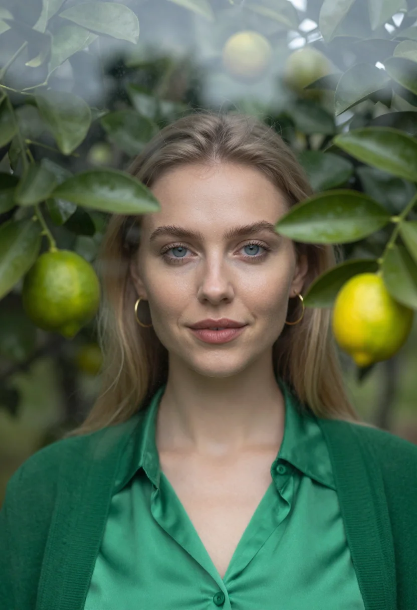 AI orangery winter green sample — portrait of a woman, framed as a tight headshot from the cro