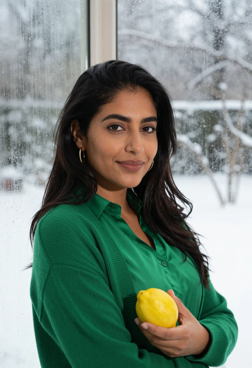 AI orangery winter green sample — portrait of a woman, framed head and shoulders, tighter, the