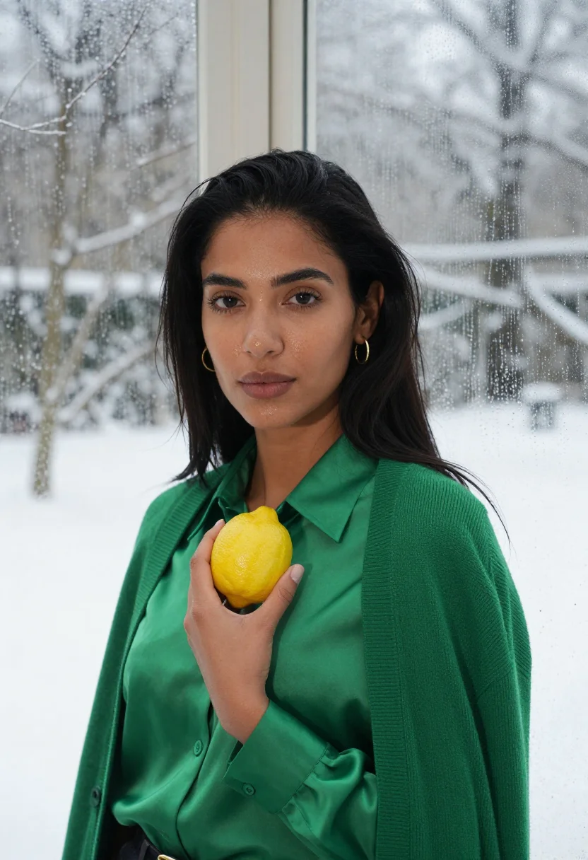 AI orangery winter green sample — portrait of a woman, framed chest-up from the ribs with the