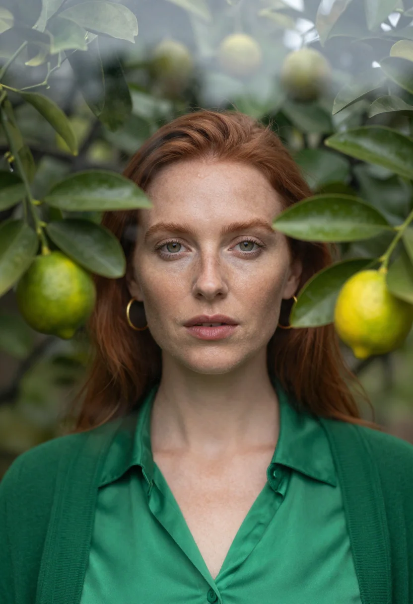 AI orangery winter green sample — portrait of a woman, framed head and shoulders, tighter, the
