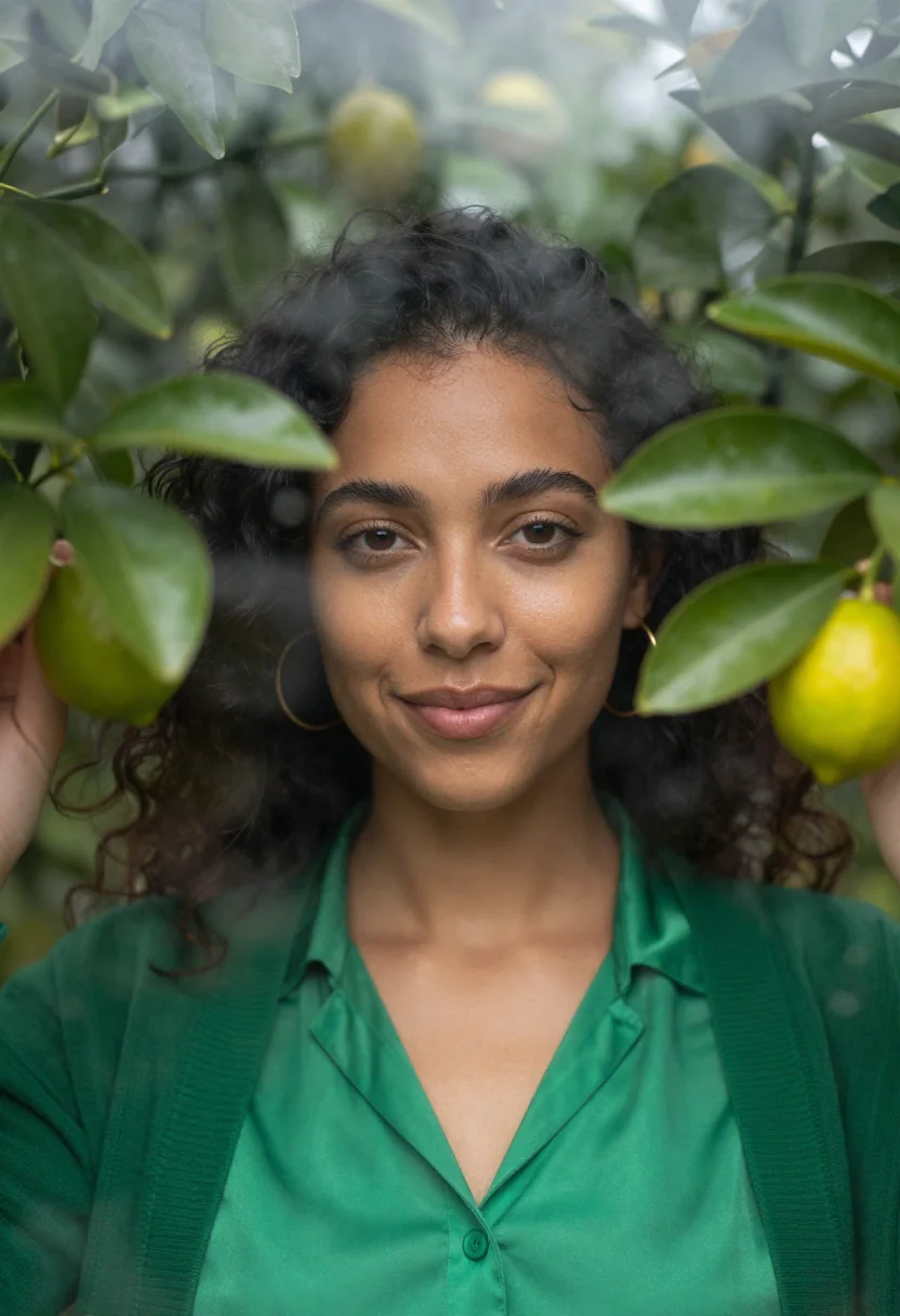 AI orangery winter green sample — portrait of a woman, framed as a tight headshot from the cro