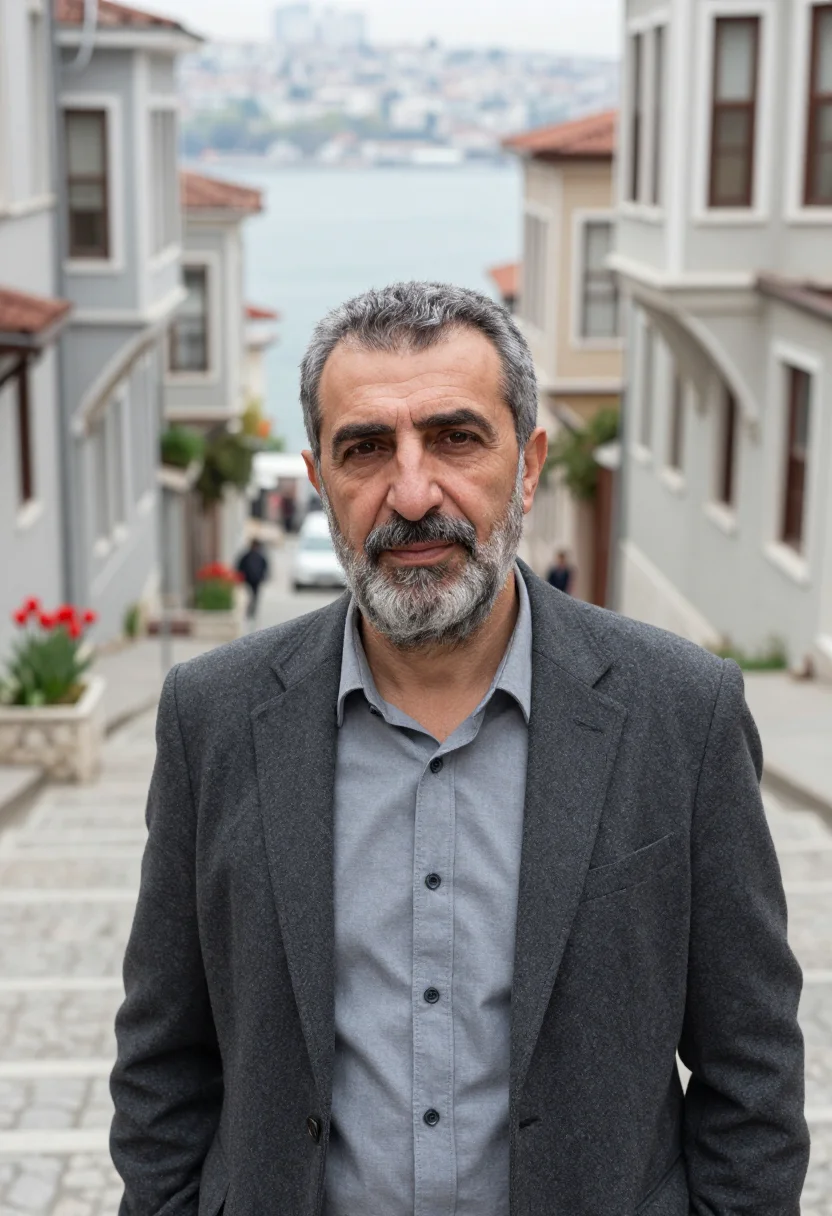 AI orhan pamuk istanbul cihangir tulip april grey sample — portrait of a man, an Armenian man in his late fifties with