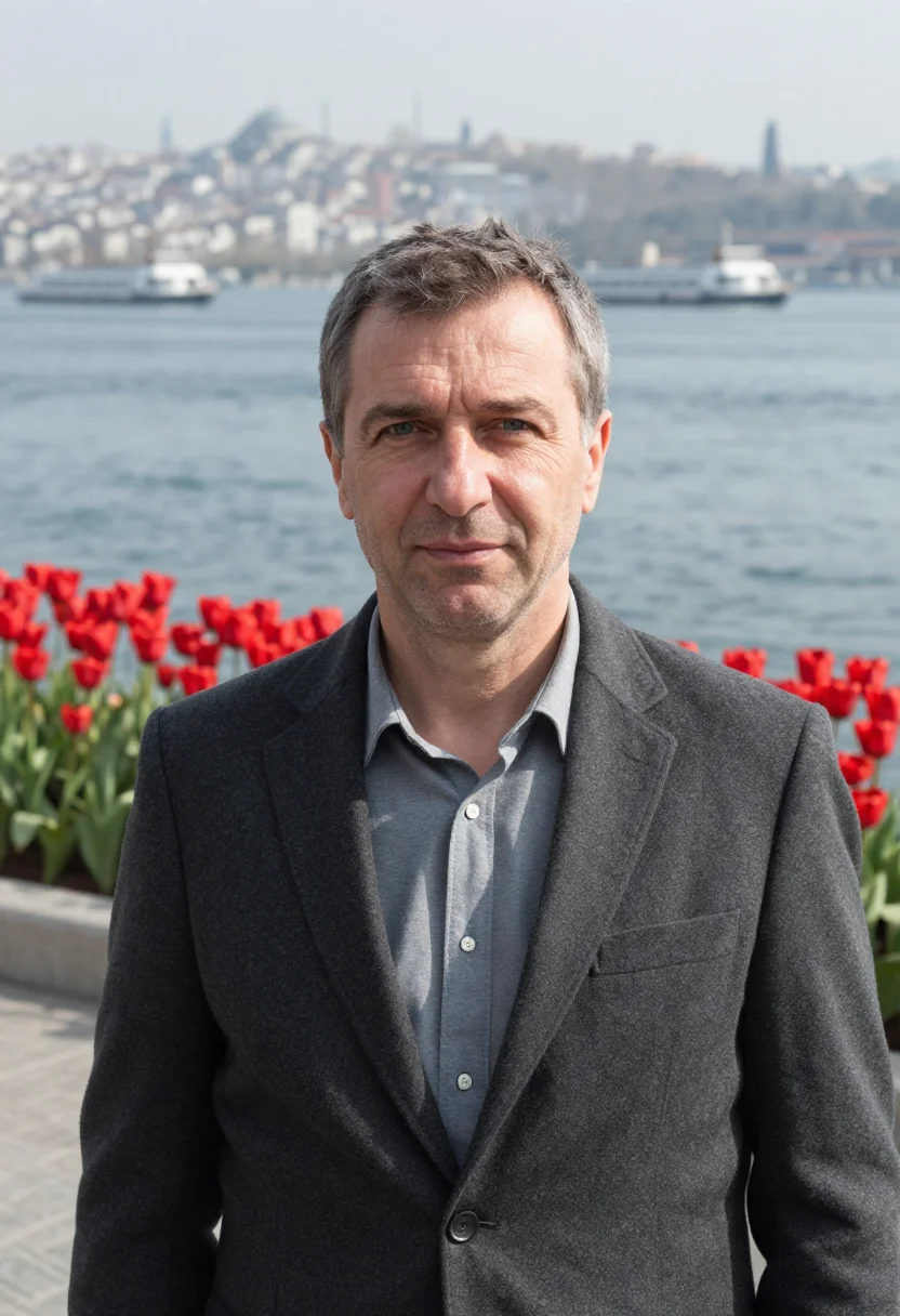 AI orhan pamuk istanbul cihangir tulip april grey sample — portrait of a man, a Bosnian man in his early fifties with f