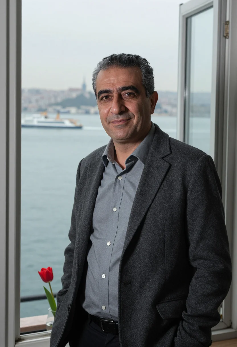 AI orhan pamuk istanbul cihangir tulip april grey sample — portrait of a man, a Turkish man in his early fifties with w