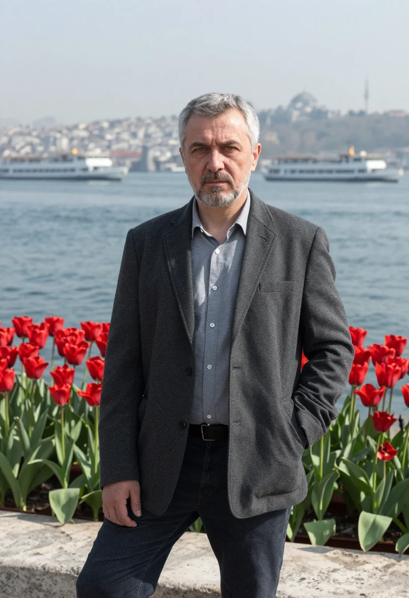 AI orhan pamuk istanbul cihangir tulip april grey sample — portrait of a man, a Circassian man in his mid-fifties with