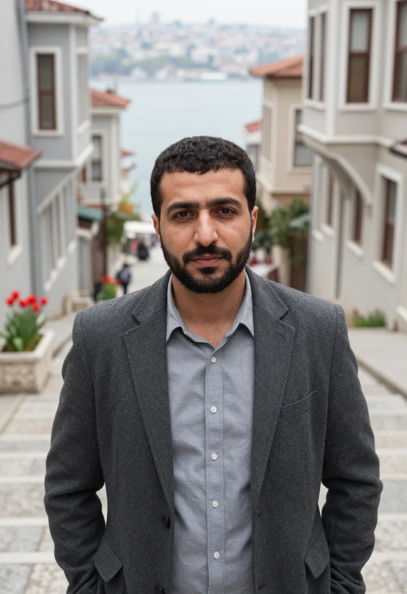 AI orhan pamuk istanbul cihangir tulip april grey sample — portrait of a man, a Kurdish man in his mid-forties with war