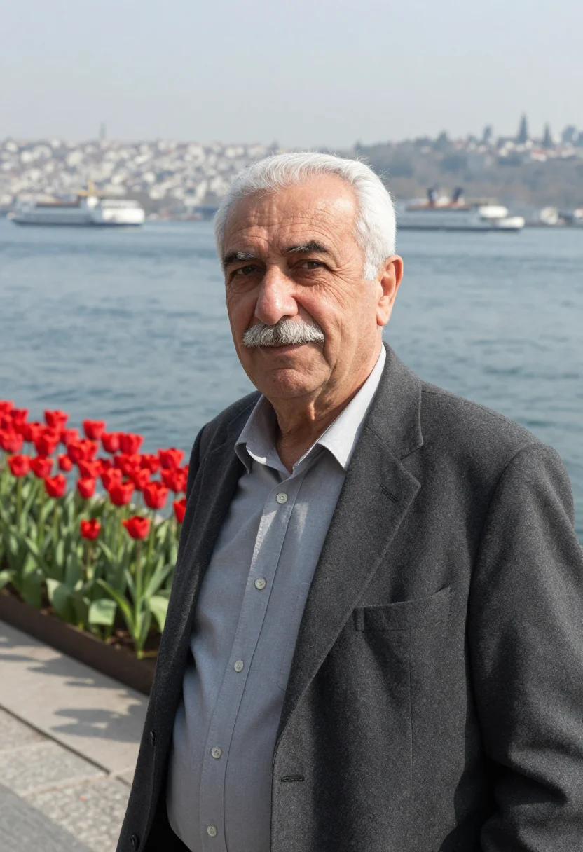 AI orhan pamuk istanbul cihangir tulip april grey sample — portrait of a man, a Turkish man in his late sixties with ol