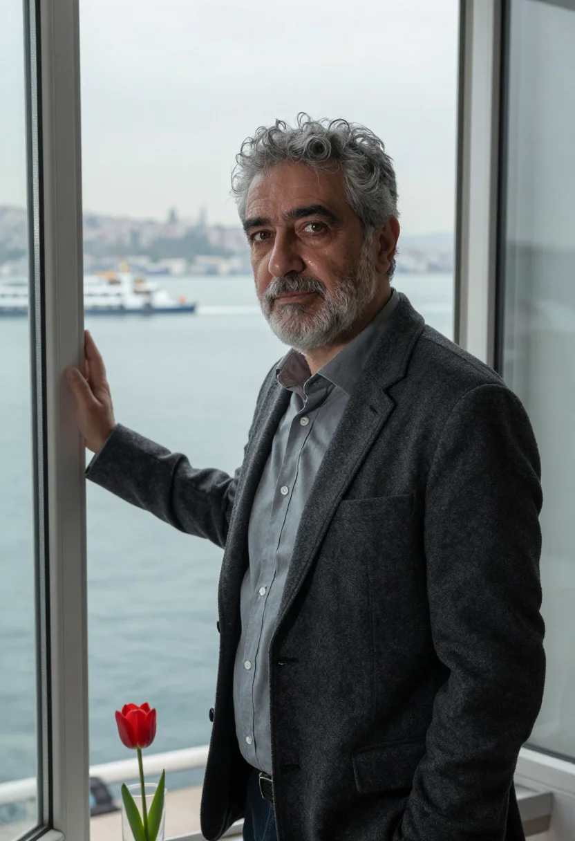 AI orhan pamuk istanbul cihangir tulip april grey sample — portrait of a man, a Greek man from Istanbul in his late fif