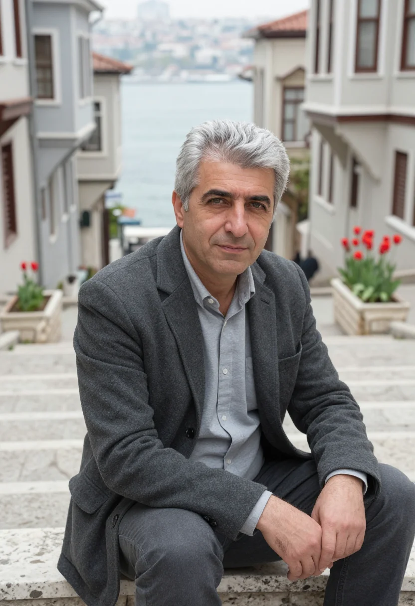 AI orhan pamuk istanbul cihangir tulip april grey sample — portrait of a man, an Italian man in his early sixties with