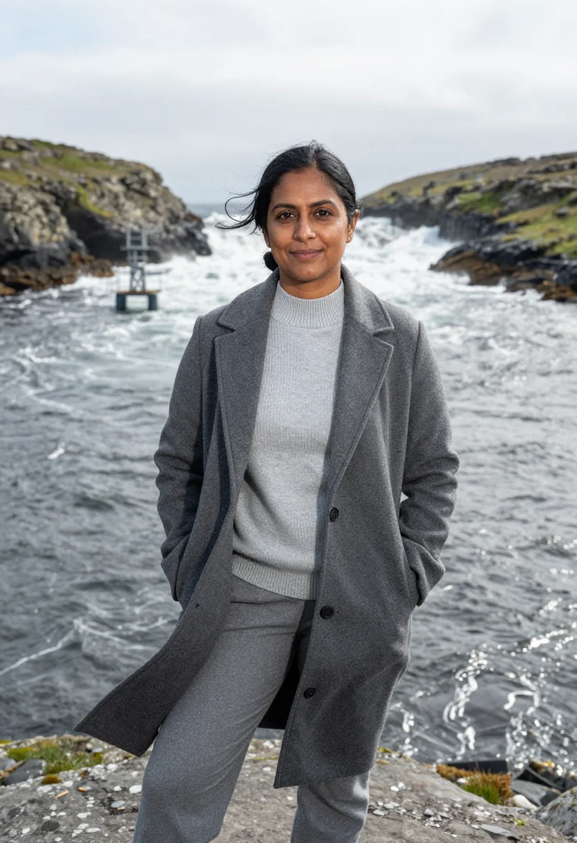 AI orkney tidal energy engineer sea grey sample — portrait of a woman, a tidal energy engineer in her forties