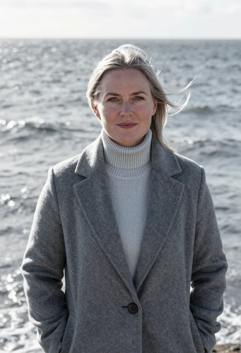 AI orkney tidal energy engineer sea grey sample — portrait of a woman, a tidal energy engineer in her forties