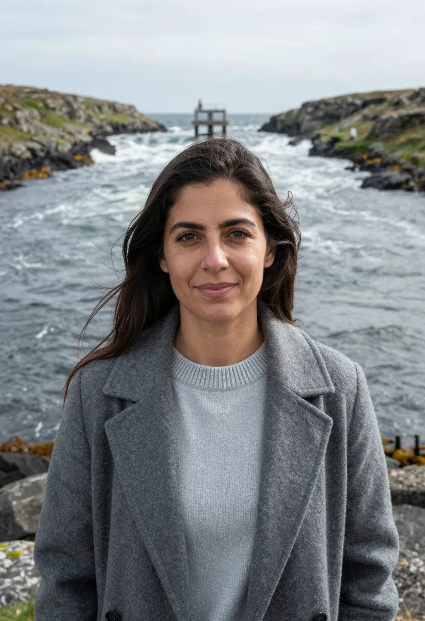 AI orkney tidal energy engineer sea grey sample — portrait of a woman, a tidal energy engineer in her thirties