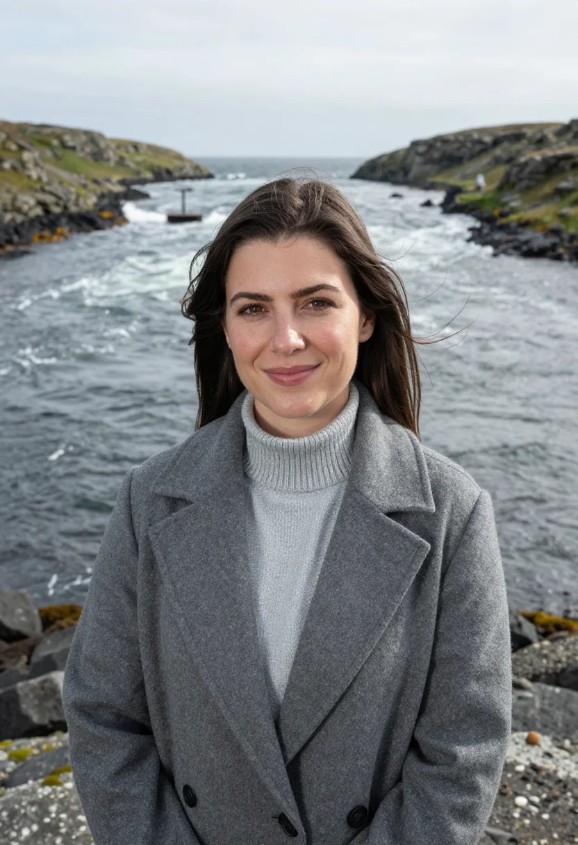 AI orkney tidal energy engineer sea grey sample — portrait of a woman, a tidal energy engineer in her twenties