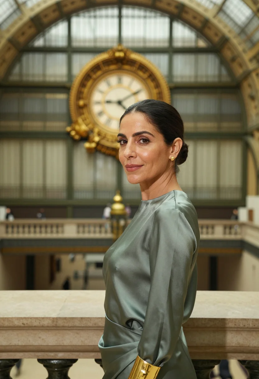 AI orsay curator station glass gold sample — portrait of a woman, framed tight, head and shoulders, the b