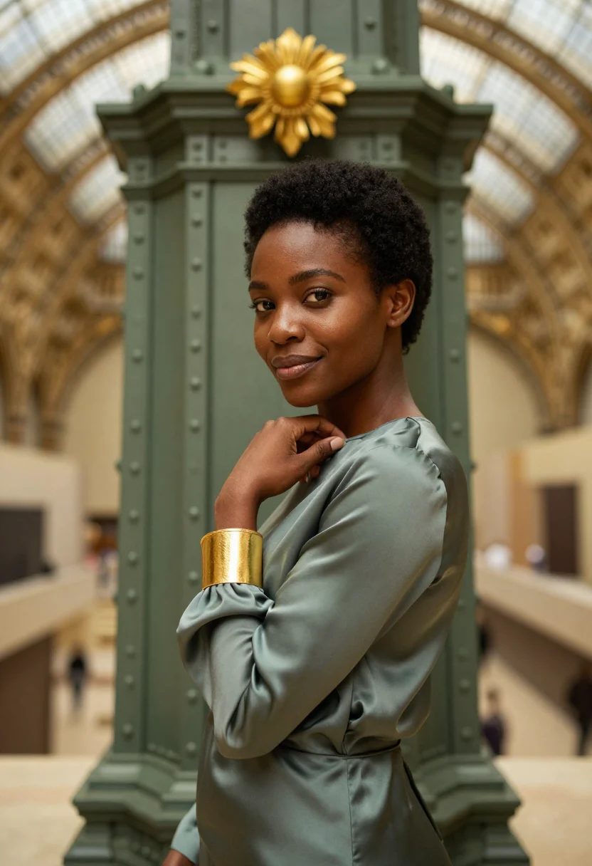 AI orsay curator station glass gold sample — portrait of a woman, framed chest-up, cropped at the ribs, t