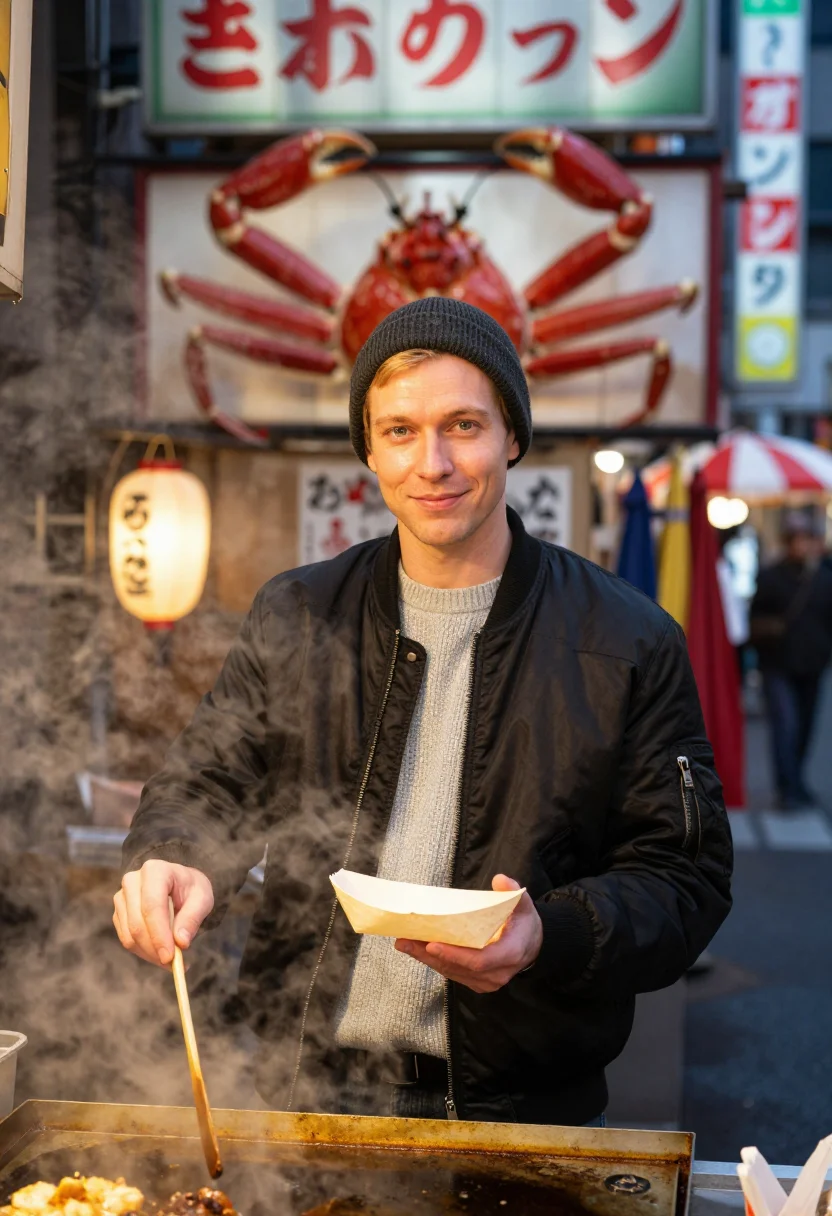 AI osaka dotonbori sample — half-length portrait of a Western-European man with pale ski