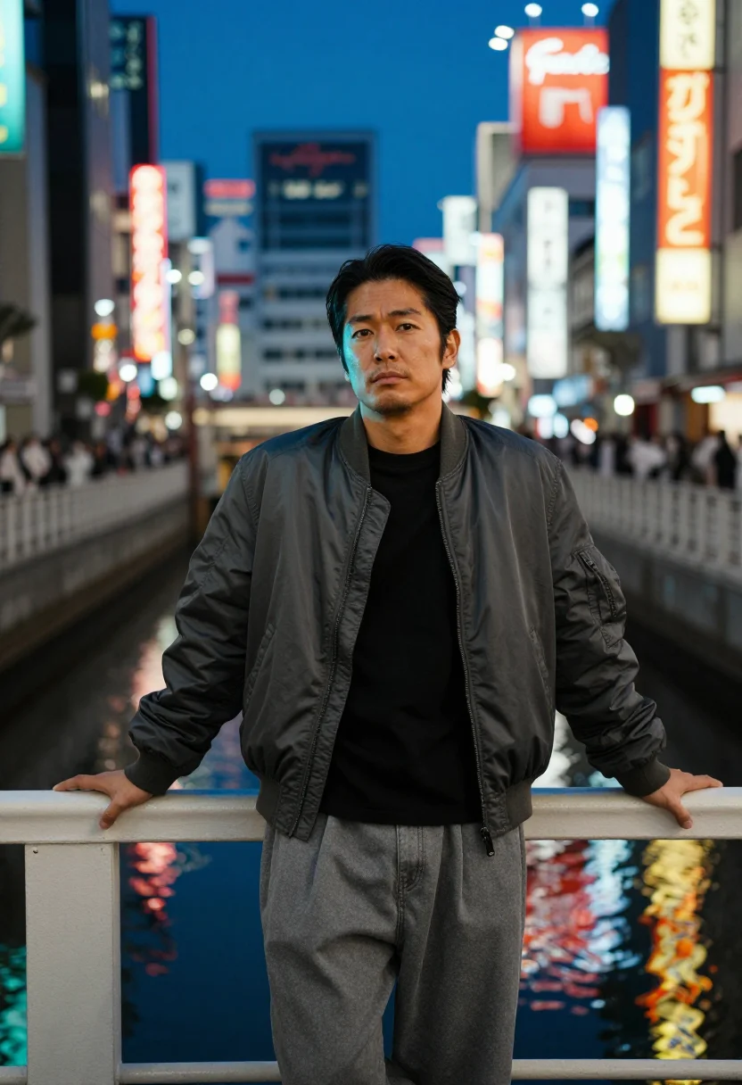 AI osaka dotonbori sample — three-quarter-length portrait of a Japanese man with warm ta