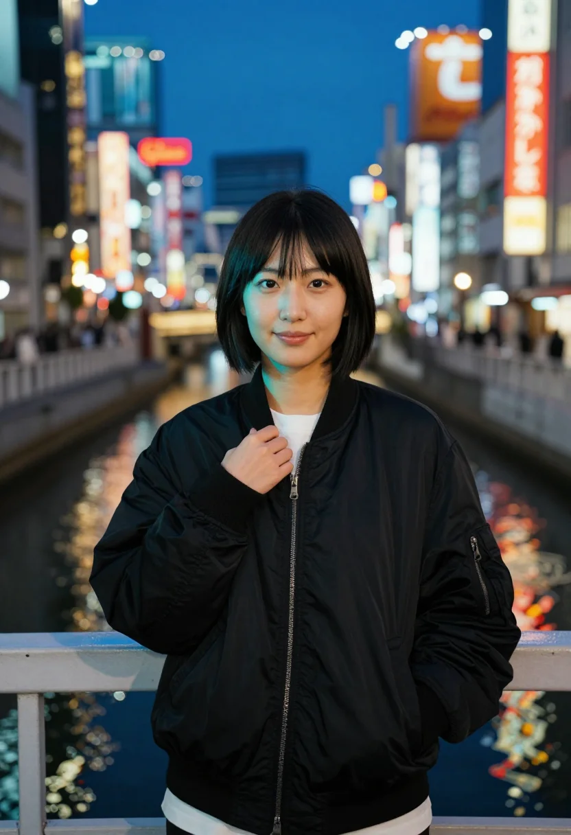 AI osaka dotonbori sample — half-length portrait of an East-Asian woman with warm ivory