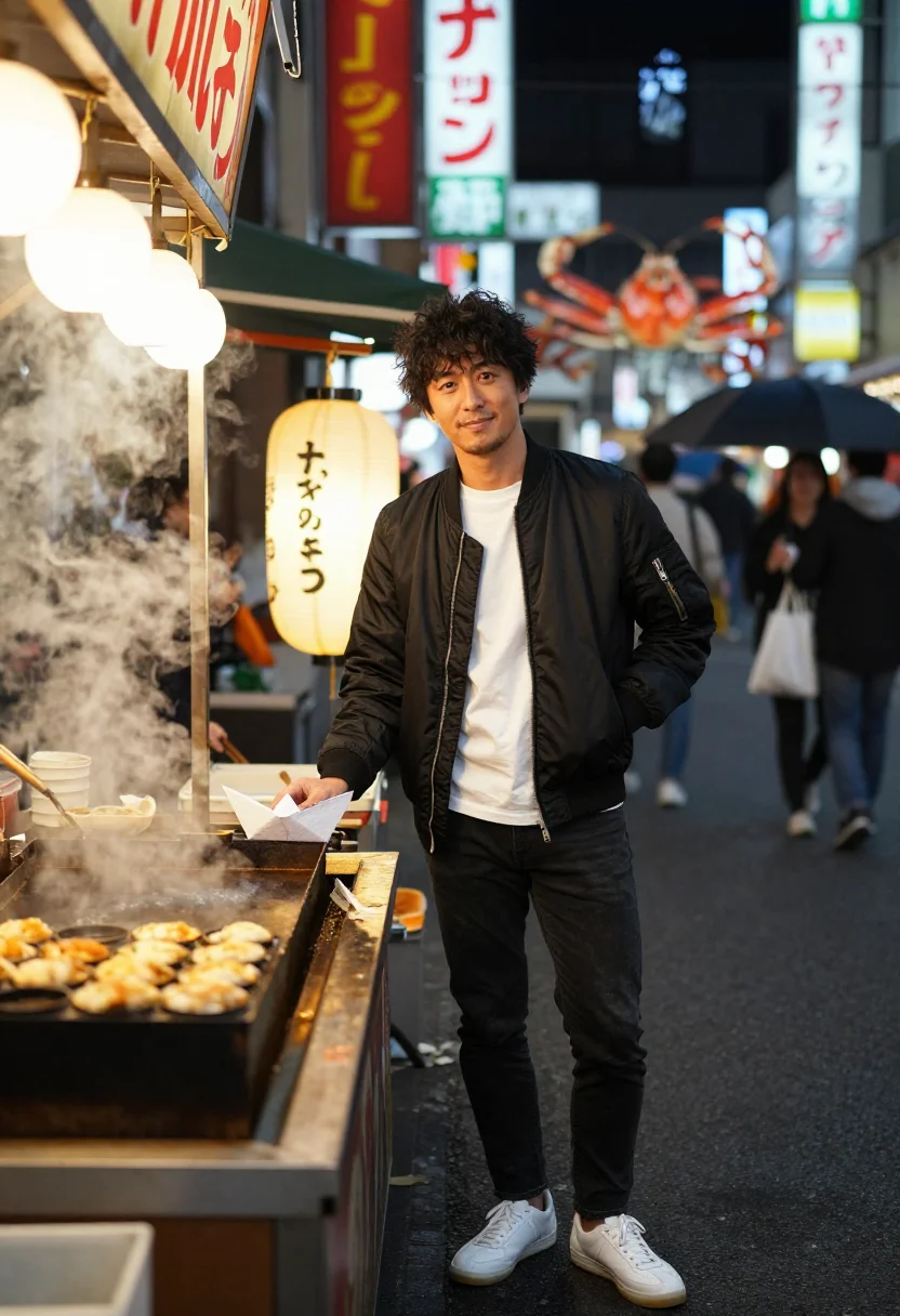 AI osaka dotonbori sample — full-length portrait of a Japanese man with warm tan skin, d