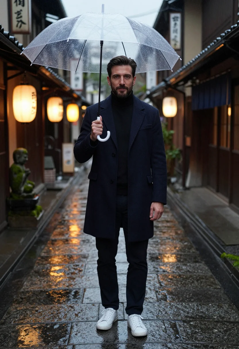 AI osaka dotonbori sample — full-length portrait of a Western-European man with olive sk