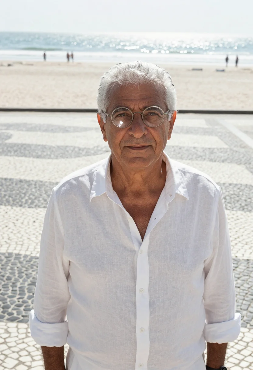 AI oscar niemeyer copacabana january white sample — portrait of a man, framed tight, head and shoulders, the bod