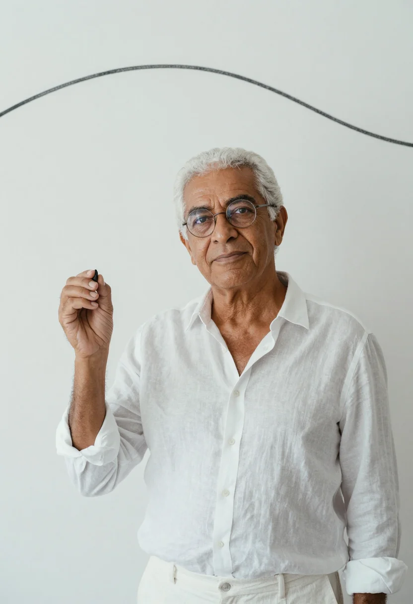 AI oscar niemeyer copacabana january white sample — portrait of a man, framed chest-up, cropped at the ribs, the