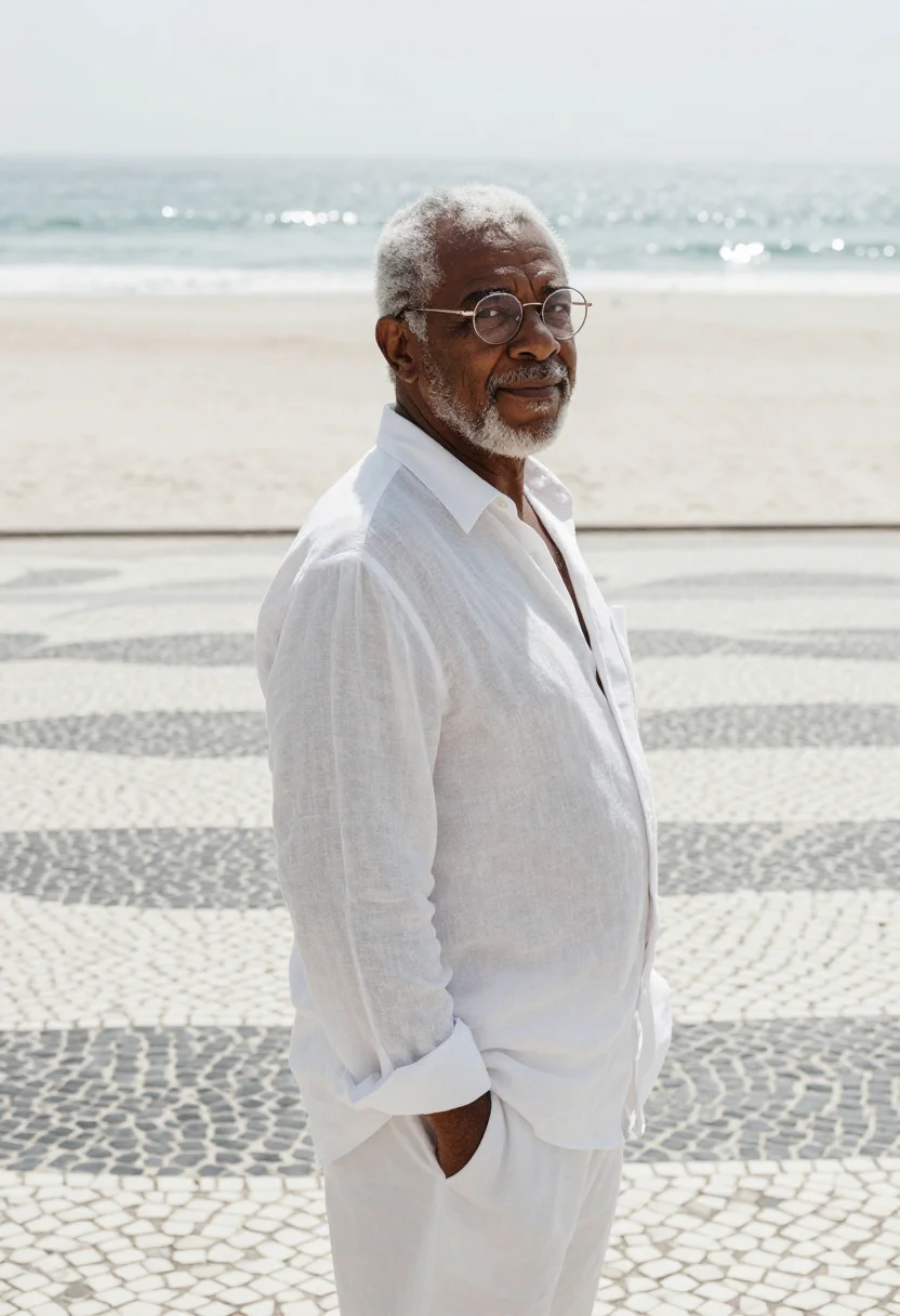 AI oscar niemeyer copacabana january white sample — portrait of a man, framed chest-up, cropped at the ribs, the