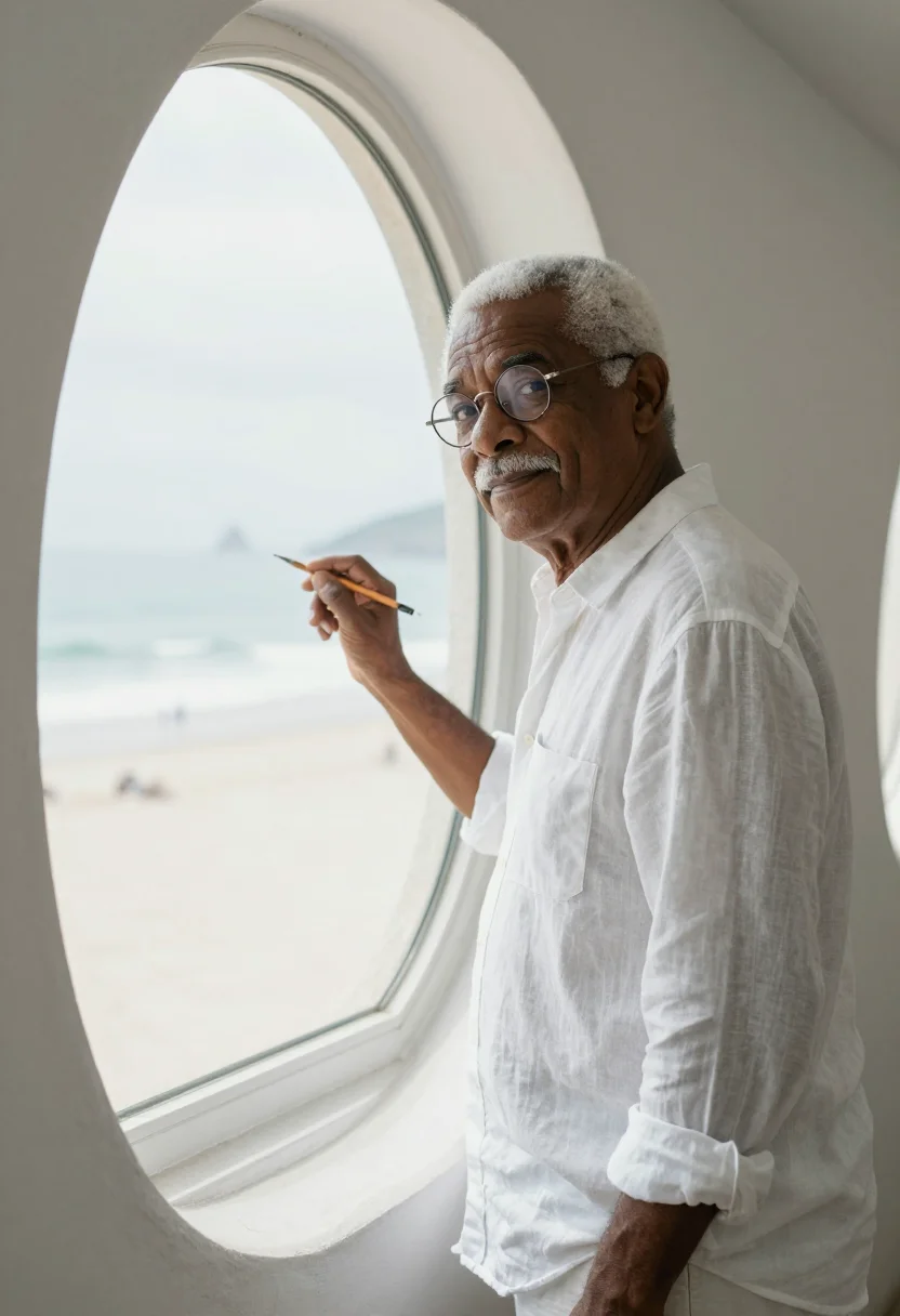 AI oscar niemeyer copacabana january white sample — portrait of a man, framed chest-up, cropped at the ribs, the