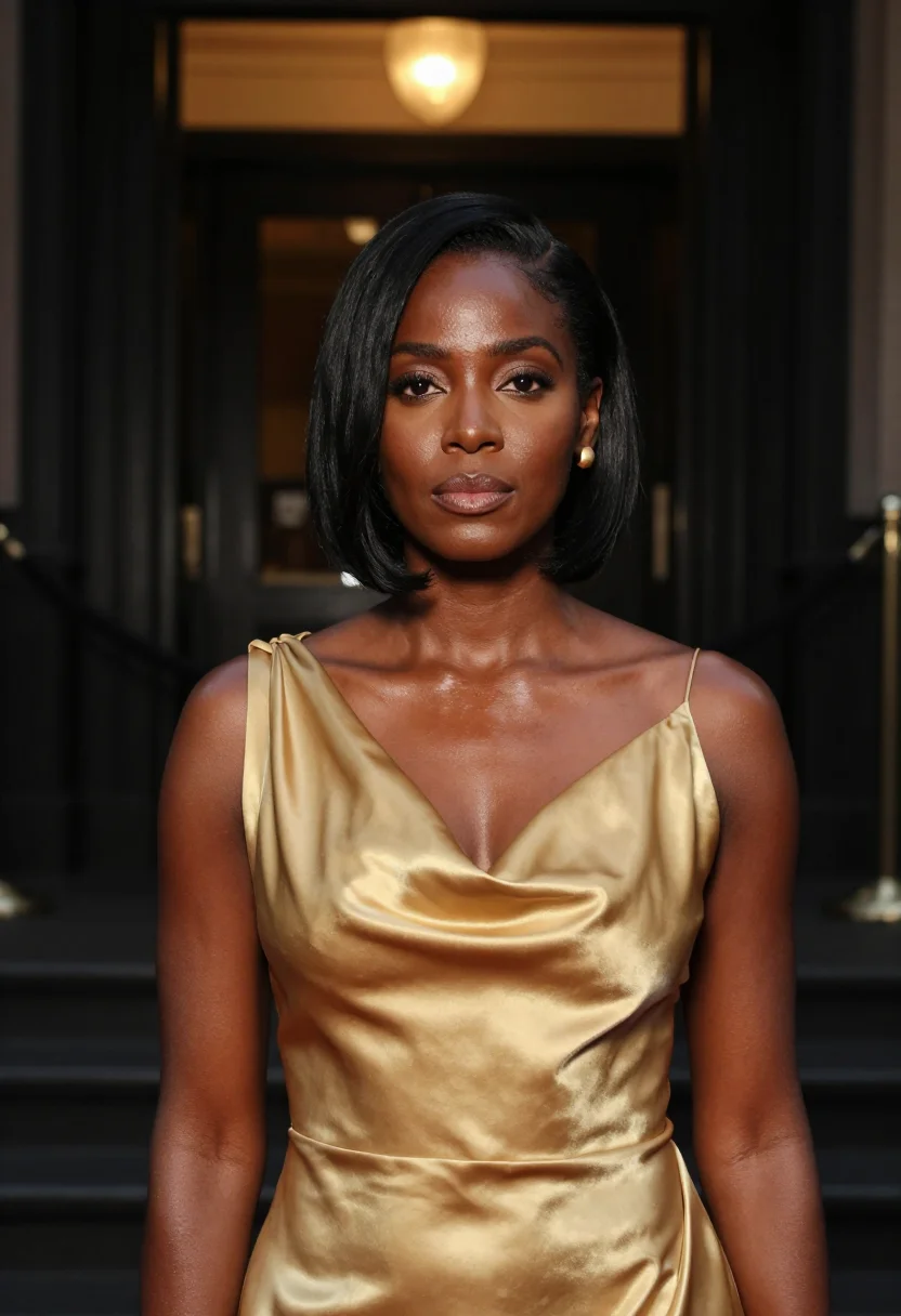 AI oscars night gold gown sample — portrait of a woman, framed tight from slightly below, head