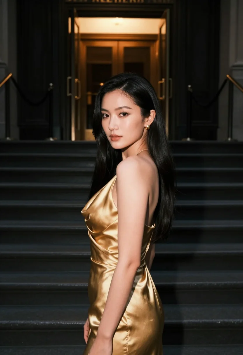 AI oscars night gold gown sample — portrait of a woman, framed tight, head and shoulders, the b